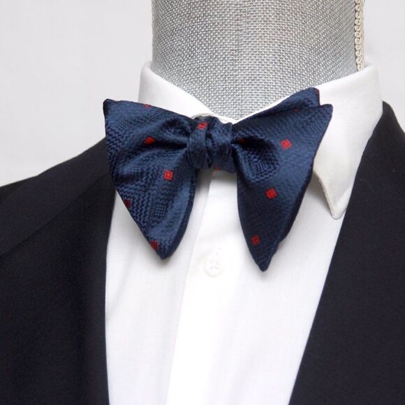Men's Self-tied Bow Tie 100%Silk Big Butterfly Navy with Polka Dot S681 - Picture 10 of 16